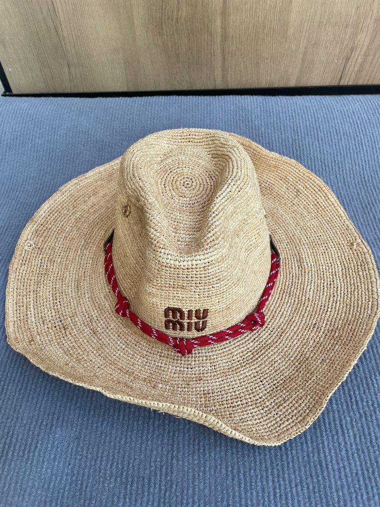 Miu Miu Wide Brim Raffia Straw Cowboy Hat Embroidered Logo Red Knot Band Summer